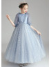 Elbow Sleeves Blue Star Lace Tulle Flower Girl Dress